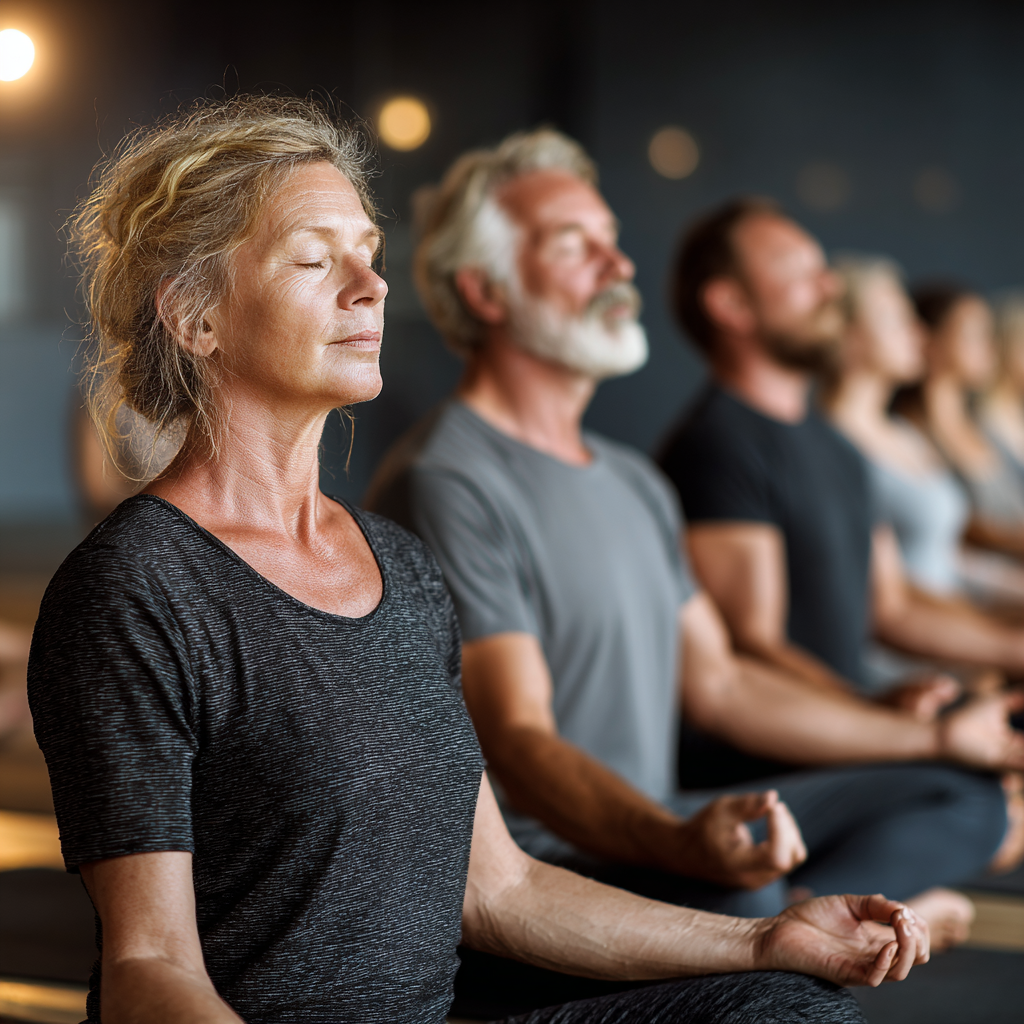Group of middle-aged adults between 40-55 years old practicing yoga together in peaceful studio environment, demonstrating various poses on yoga mats with natural lighting and calm atmosphere