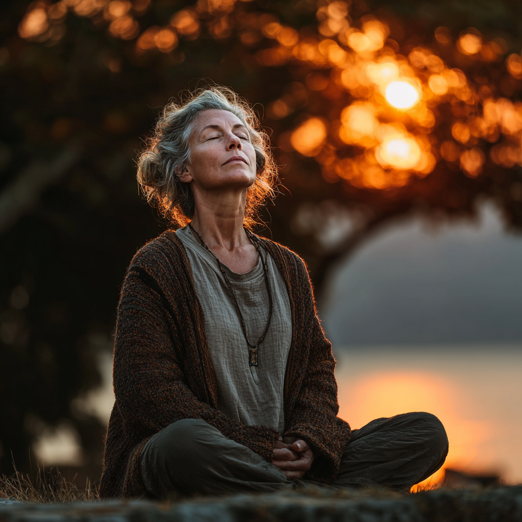 Mature woman in her forties practicing peaceful yoga meditation outdoors in serene natural setting, demonstrating mindful breathing and relaxation techniques with eyes closed in lotus position